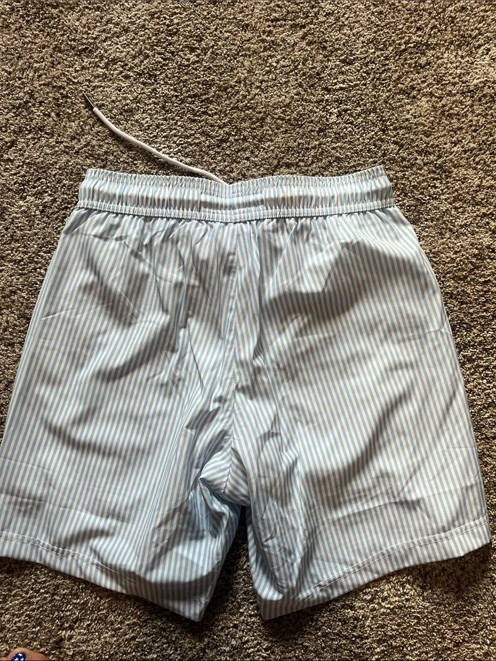 Men's Light Blue & White Striped Swim Trunks with Drawstring